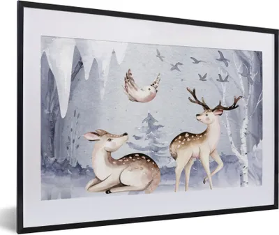 Produktbild von MuchoWow® Gerahmtes Poster Winter - Hirsche - Vögel - Schnee 60x40 cm - Poster mit Schwarzem Bilderrahmen Wandposter Rahmen Foto Bilder - Schlafzimmer - Plakat in Rahmen - Drucken