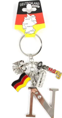 Produktbild von Schlüsselanhänger "N" H.: 11cm Buchstaben/Letter/Initalien/Alphabet/ABC mit Glitzersteinen & Charms Bierkrug/Adler/Deutschland-Fahne/Germany