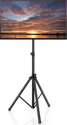 Produktbild von GOPLUS Faltbarer TV Ständer aus Metall, höhenverstellbarer Bodenständer mit rutschfester dreieckiger Fuß, drehbarer TV Staffelei, Schwarz