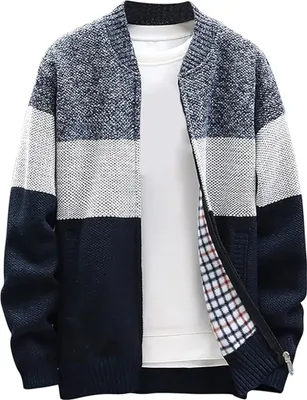 Produktbild von ASKSA Herren Stehkragen Strickjacke Warm Fleece Gestrickt Cardigan Wintermantel mit Reissverschluss Mantel, Dunkelblau, L