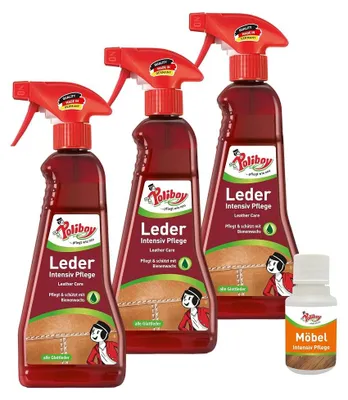 Produktbild von Poliboy Leder Intensiv Pflege 3er  Set - je 375ml - inkl. Möbel Probe - reinigt, pflegt und schützt alle Glattleder