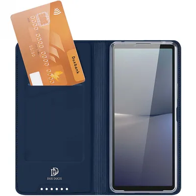A blue flip case for a smartphone, with a credit card inserted into a slot.
