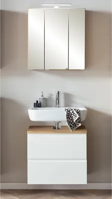 Produktbild von Waschbeckenunterschrank mit Spiegelschrank, 60cm, LED Beleuchtung, VASTO-03-WHITE, Wotan Eiche Nb. mit weiß matt, B/H/T ca. 60/200/35 cm