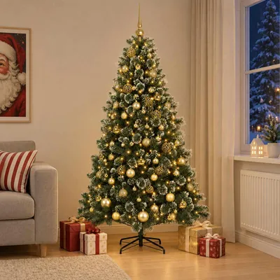 Zdjęcie produktu dla Sztuczne drzewko świąteczne z ozdobami, wysokość 180 cm, 300 diod LED