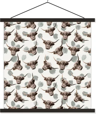Produktbild von MuchoWow® Textilposter Schottisches Hochlandrind - Kuh - Muster 90x90 cm mit schwarzem Rahmen - Magnetisches