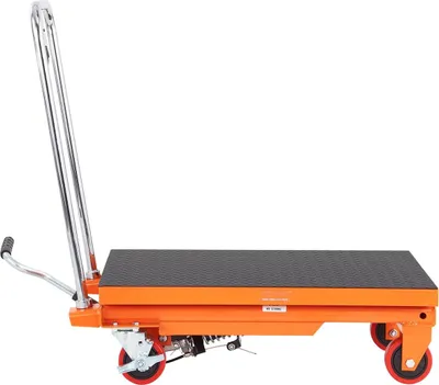 Immagine prodotto di Carrello con tavolo elevatore idraulico, capacità 500 libbre, altezza di sollevamento 28,5", tavolo elevatore manuale a forbice singola con 4 ruote e cuscinetto antiscivolo, carrello a forbice idraulico per la movimentazione dei materiali, arancione