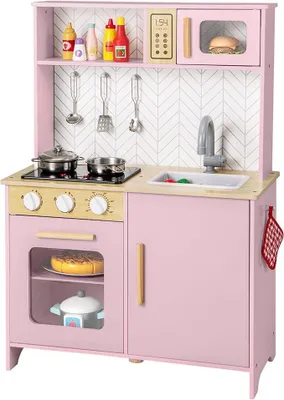 Imagen del producto de Cocina de juguete para niños con accesorios, cocina de madera con microondas, horno, fregadero y placa de cocina, cocina infantil con luces y sonidos, cocina de juguete de madera para niños a partir de 2 años (rosa)