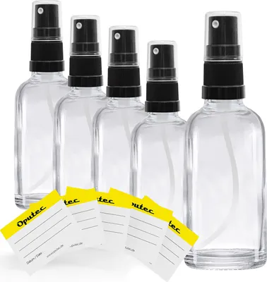 Produktbild von Oputec 5 x 30ml Sprühflaschen aus Glas mit Zerstäuber - Pumpspray + 5 Beschriftungs-Etiketten