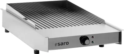 A stainless steel countertop grill with a ribbed cooking surface.