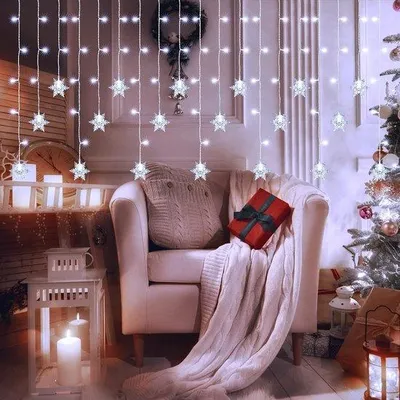 Immagine prodotto di Tenda luminosa LED Unyqoos® 2x1 metro, 104 LED a forma di fiocchi di neve, alimentazione tramite USB, luce bianca fredda, 8 modalità + timer, grado di protezione IP44, ideale per decorare finestre e ambienti interni ed esterni