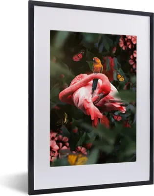 Produktbild von MuchoWow® MuchoWow® Gerahmtes Poster Dschungel - Flamingo - Vogel - Pflanzen 30x40 cm - Poster mit zchwarzem Bilderrahmen - Wandposter Schlafzimmer