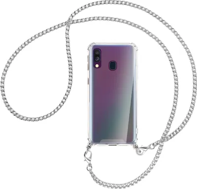 Produktbild von Handykette Backcover-Schutzhülle mit Band (Metall silberfarben) für Samsung Galaxy A40 - silberfarbene Kette