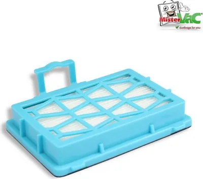 A blue vacuum cleaner filter is shown on a white background with a logo in the top right corner.