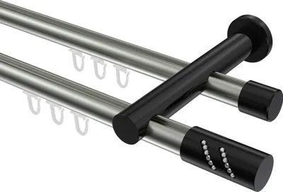 Produktbild von Interdeco Innenlaufstange / Gardinenstange mit Innenlauf Edelstahl-Optik / Schwarz, Typ Platon Zoena (Glitzerzylinder), 20 mm Ø 2-läufig, 120 cm