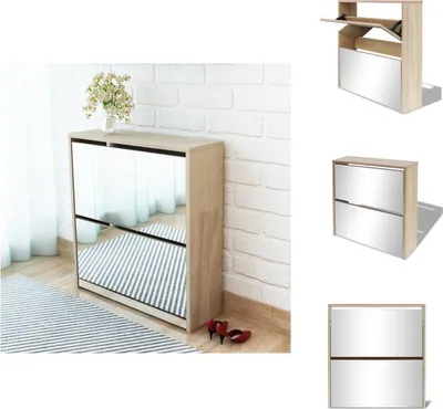 Produktbild von vidaXL Schuhschrank mit 2 Fächern Spiegel Eiche-Optik 63x17x67 cm -  Schuhregale & -schränke