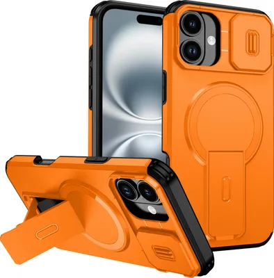 Obrázek produktu pro Magnetické pouzdro pro iPhone 16 Plus, dvouvrstvé odolné pouzdro s posuvnou ochranou fotoaparátu a nastavitelným stojánkem Oranžová