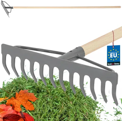 Produktbild von KOTARBAU® Laubrechen 31 cm Metall Rechen für Gras & Laub mit Holzstiel Gartenrechen Rasenrechen mit 12 Zinken Metall Grau + Naturfarben