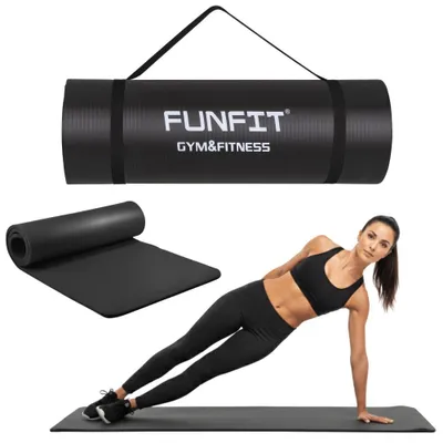 Zdjęcie produktu dla Mata do ćwiczeń jogi fitness czarna 183x61 cm mata gimnastyczna pilates joga FUNFIT