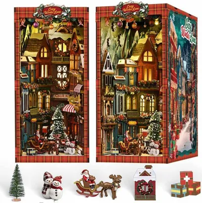 Produktbild von Habarri | DIY Book Nook - Weihnachtsstraße - Puzzle 3D - Miniatur Haus Kit mit Möbeln und LED-Licht - Buch Ecke Kit