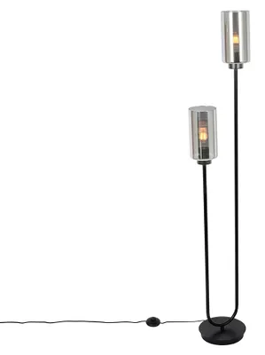 Produktbild von Qazqa Art Deco Stehleuchte, Stehlampe - Laura - Schwarz mit Rauchglas, max. 40W, Geeignet für LED, 2-flammig, 148cm, Ideal als Wohnzimmerlampe
