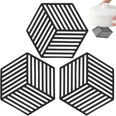 Produktbild von Unyqoos® Hitzebeständige Silikon-Untersetzer 3er-Set (−30 bis 250 °C), rutschfest & flexibel, sechseckig – Topfuntersetzer für Küche & Tisch