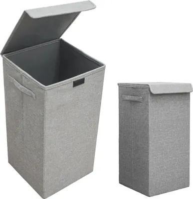 Two grey laundry baskets, one open and one closed, are shown against a white background.