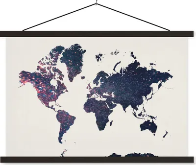 Produktbild von MuchoWow® Textilposter Weltkarte - Blau - Glitter 90x60 cm mit schwarzem Rahmen - Aufhängungssatz