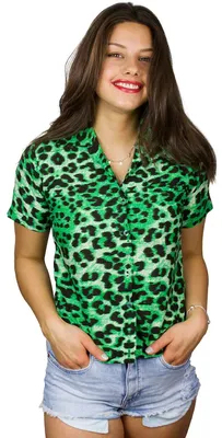 Produktbild von King Kameha Funky Hawaii-Bluse-Hemd, Damen, Kurzarm, Leopard-Print, Grün, L