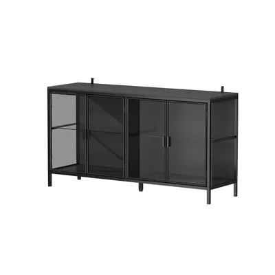 Produktbild von Vitrine mit Beleuchtung 3 Farbe, Glas-Sideboard mit 4 Türen, BuffetSchrank, Sideboard, Schwarz, MDF + Glas, 140 x 40 x 75 cm