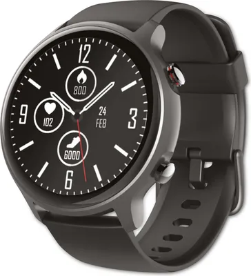 A smartwatch with a black face and strap, displaying health metrics.