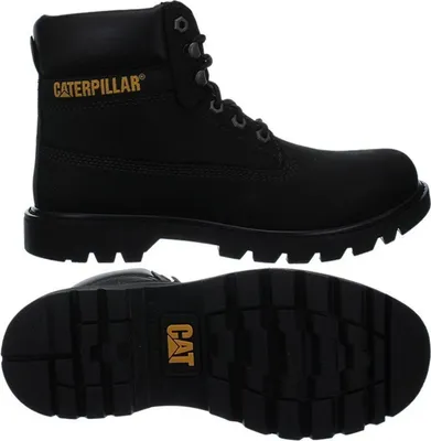 A pair of black Caterpillar boots shown from the side and from the sole.