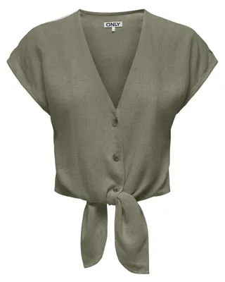 Productafbeelding van Linnenlook blouse met korte mouwen, knoopsluiting en strikdetail | Maat S