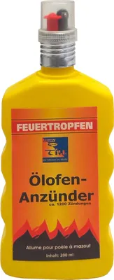 A yellow bottle of liquid fire starters with an orange and red label.