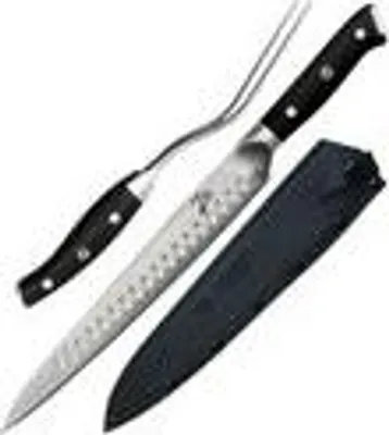 Produktbild von Zelite Tranchiermesser und Gabel Set, Kochmesser Profi Messer und Fleischgabel, Messer japanischer Art aus Damaststahl, Scharfes Messer für die Küche, 25,4cm Profi Fleischmesser, Damaszener Messer Scharf