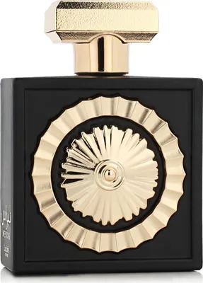 A black perfume bottle with gold accents and a gold decorative element on the front.