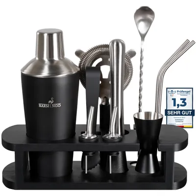 Produktbild von BARMINGO® Edelstahl Cocktail Set 11tlg. – 700ml Cocktail Shaker mit Ständer & Bar Zubehör, Cocktailshaker Set, Barkeeper Set, Barset, Schwarz-Silber
