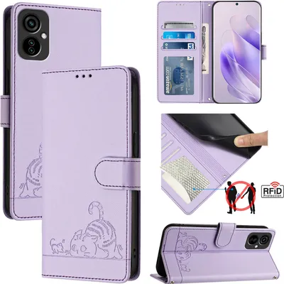 Produktbild von Leder Hülle für Tecno Camon 19 Neo Süße Katze Flip Case Brieftasche Schutzhülle mit Standfunktion Lila