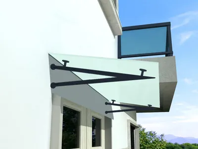 Produktbild von BuyLando (V) 200x90 cm Milchglas Glasvordach inkl. Edelstahlhalter in Schwarz
