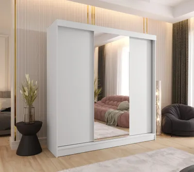 Produktbild von Schwebetürenschrank 3-türig 210x205x58 cm Weiß mit 1 Spiegel – Moderner Kleiderschrank für Schlafzimmer und Flur
