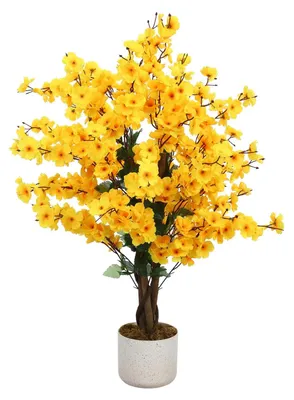 Immagine prodotto di Albero di fiori artificiale - Bonsai "Wintersüß" in vaso - 90 cm - Fiori di pesco gialli - Vaso bianco - Poliestere - Decorazione da interno