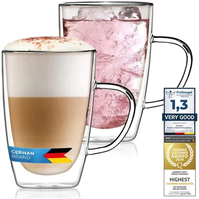 Produktbild von Doppelwandiges Glas Latte-Macchiato-Glas Longdrinkglas - 2er Set - Mit Henkel - Mundgeblasen - Borosilikatglas