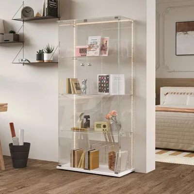 Produktbild von Glas Vitrine Schaukasten - Glas Vitrinenschrank - 163×78,5×35 cm - 4 Glasböden - 2 Türen mit Schloss - LED-Lichtleiste - Weiß