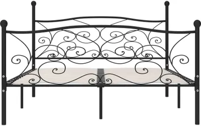 A black metal bed frame with a slatted base, shown from the front.