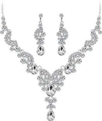 Produktbild von s Schmuckset mit Wassertropfen und Strasssteinen für Hochzeit, Brautschmuck, Halskette, Ohrringe-1#