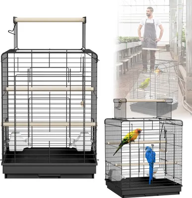 Produktbild von XMTECH Vogelkäfig mit Dachöffnung 40x40x58cm, Wellensittichkäfig mit Sitzstangen, Futterspender & Schaukel, Papageienkäfig für Kanarienvögel, Vogelvoliere mit Kotwanne & Tragegriffen, Typ C