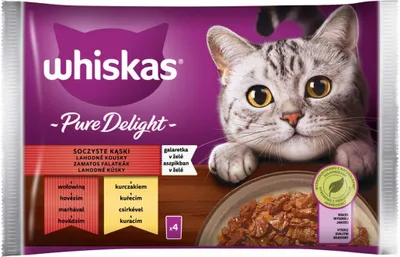 Produktbild von Whiskas Adult 1+ Katzenfutter Pure Delight Geflügel in Gelee mit Rind und Huhn, 20 Portionsbeutel, 5x4x85g