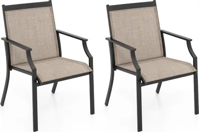 Two outdoor chairs are shown against a white background.