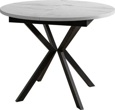 Produktbild von Runder Esszimmertisch LEO, ausziehbarer Tisch Durchmesser: 100 cm bis 138 cm, Wohnzimmertisch Farbe: Marmur, mit Metallbeinen in Farbe Schwarz