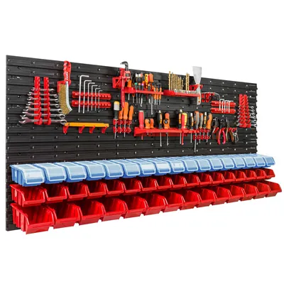 Produktbild von 48 Stapelboxen Wandregal Kunststoff Deckel 172 x 78 cm Werkzeughalter Werkstatt Garage  Lagersystem Sichtlagerkästen Schütte