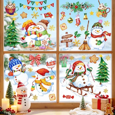 Productafbeelding van Raamdecoraties met sneeuwpopmotieven, zelfklevend, PVC-folie, aquarelstijl, kerstdecoratie voor ramen